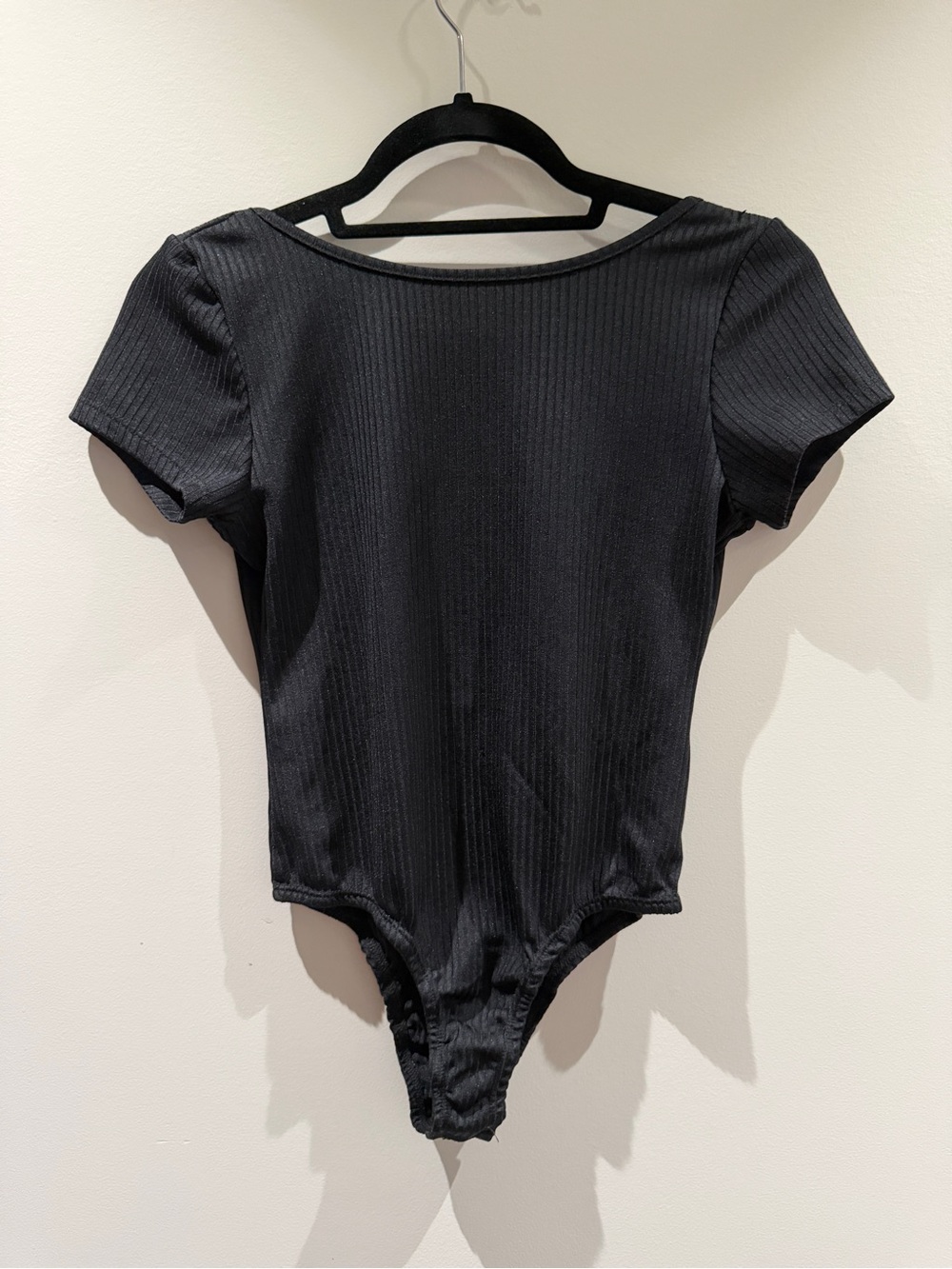 Black Ribbed Short-Sleeve Bodysuit - Women